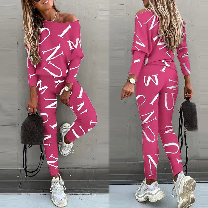 Women’s European & American Style Letter Printed Long Sleeve Pants Casual Suit Style Heaven