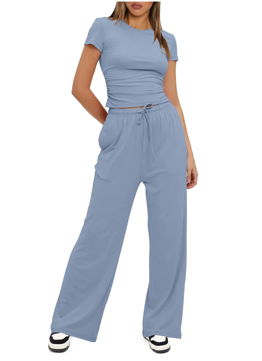 Women's Summer Casual 2-Piece Tracksuit – O-Neck T-Shirt & Wide-Leg Pants Set Style Heaven