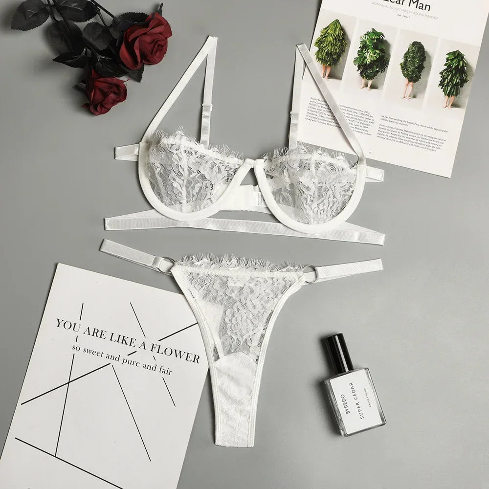 Lace Embroidered Lingerie Set – Sheer Push-Up Bra & Panty