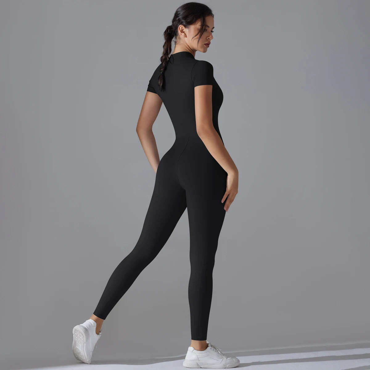 Women’s One-Piece Short Sleeve Yoga Jumpsuit with Zipper – Push-Up Gym Fitness Bodysuit Style Heaven