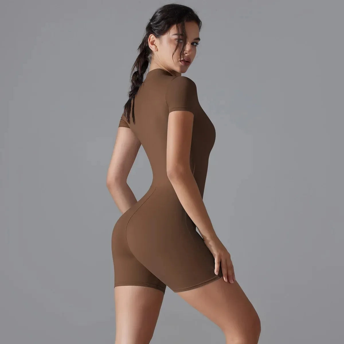Women's One-Piece Zipper Yoga Jumpsuit – Short Sleeve Push-Up Gym Bodysuit Style Heaven