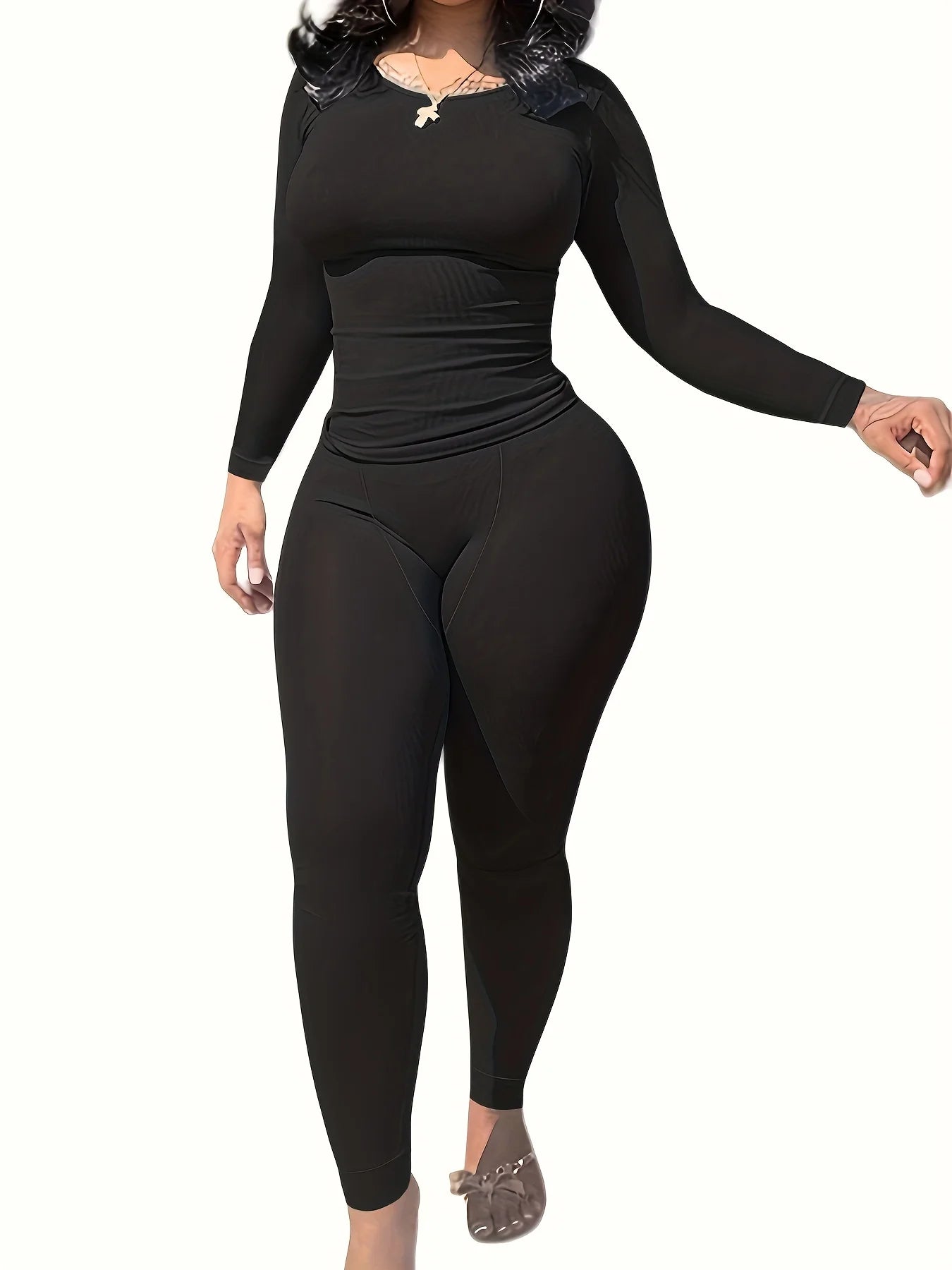 Women's 2PCS Solid Color Yoga Set – Long Sleeve Top & High-Stretch Leggings Activewear Style Heaven