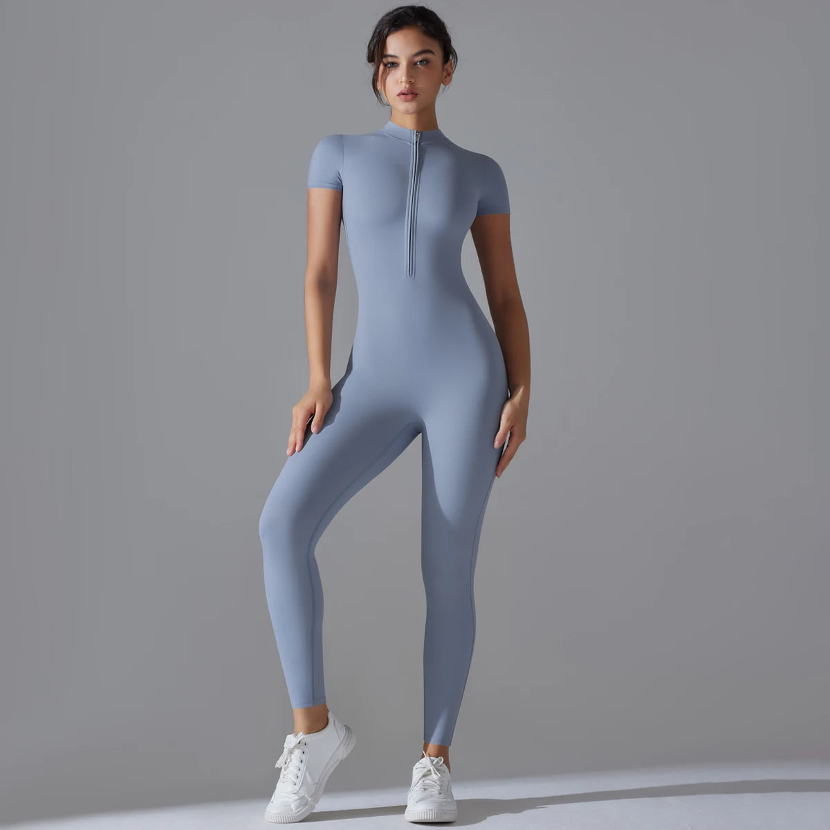 Women’s One-Piece Short Sleeve Yoga Jumpsuit with Zipper – Push-Up Gym Fitness Bodysuit Style Heaven