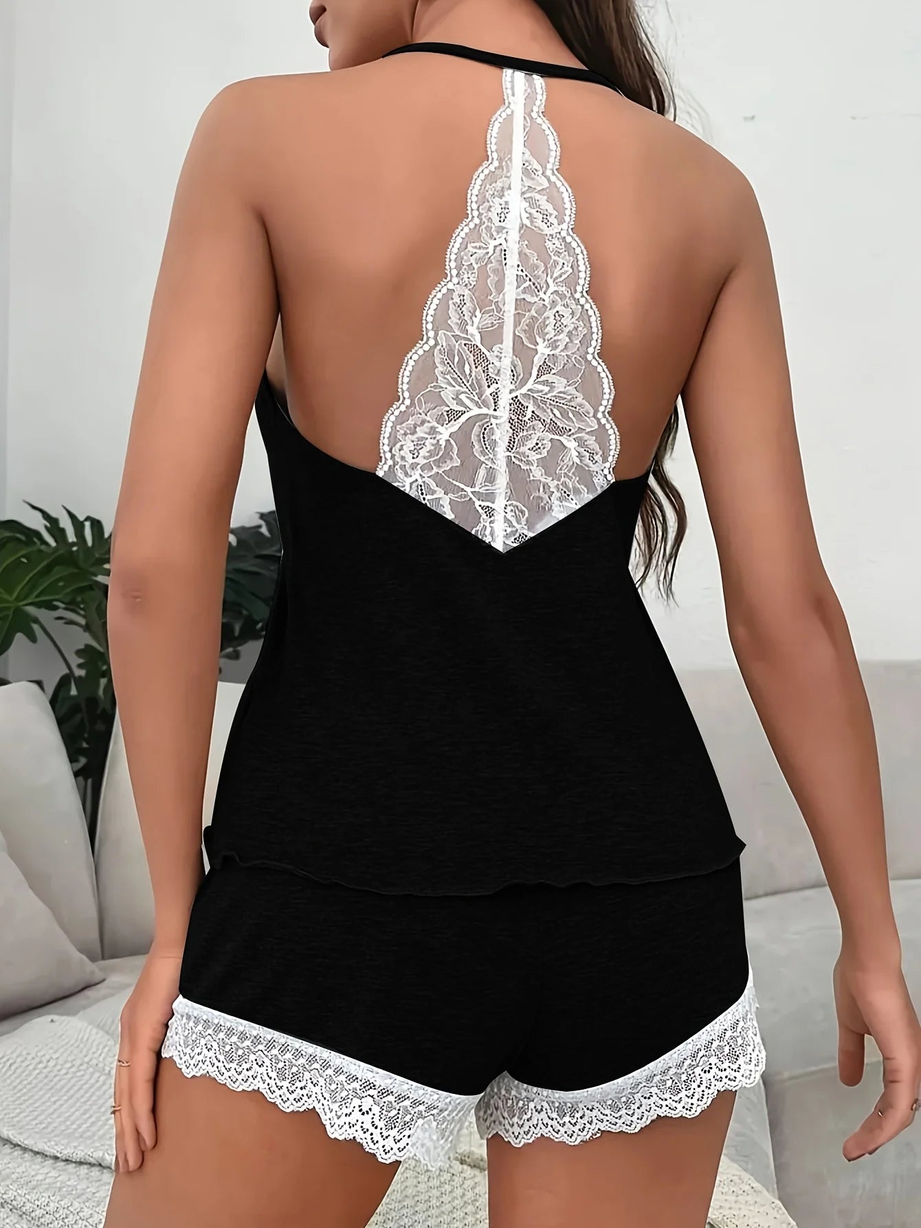 Women's Grey Spaghetti Strap Pajama Set Lace Hem Cami Top and Shorts Soft Knit Sleepwear Loungewear Comfortable Casual Pjs