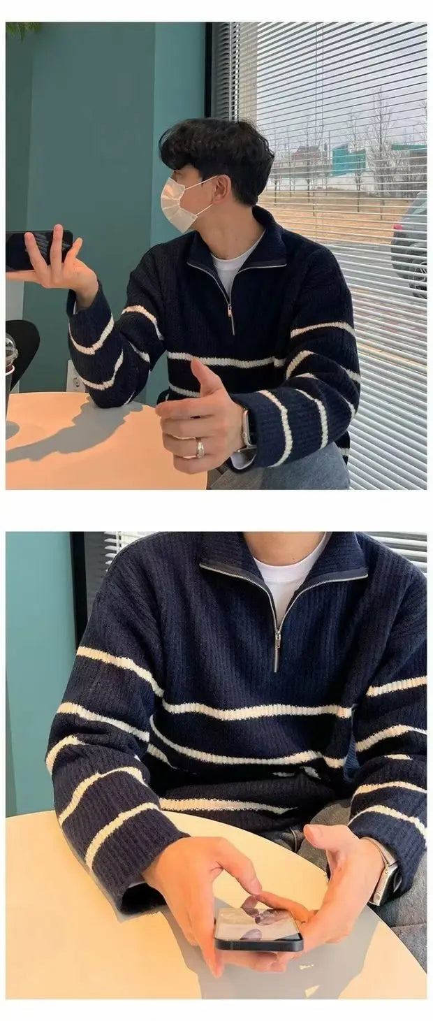 Men’s Korean-Style Striped Knitted Sweater – Mid High Collar Slim Fit Long Sleeve Casual Hoodie - Style Heaven