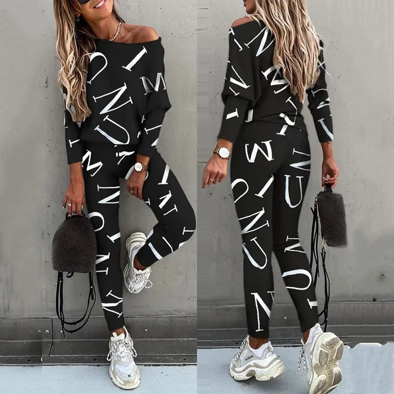 Women’s European & American Style Letter Printed Long Sleeve Pants Casual Suit Style Heaven