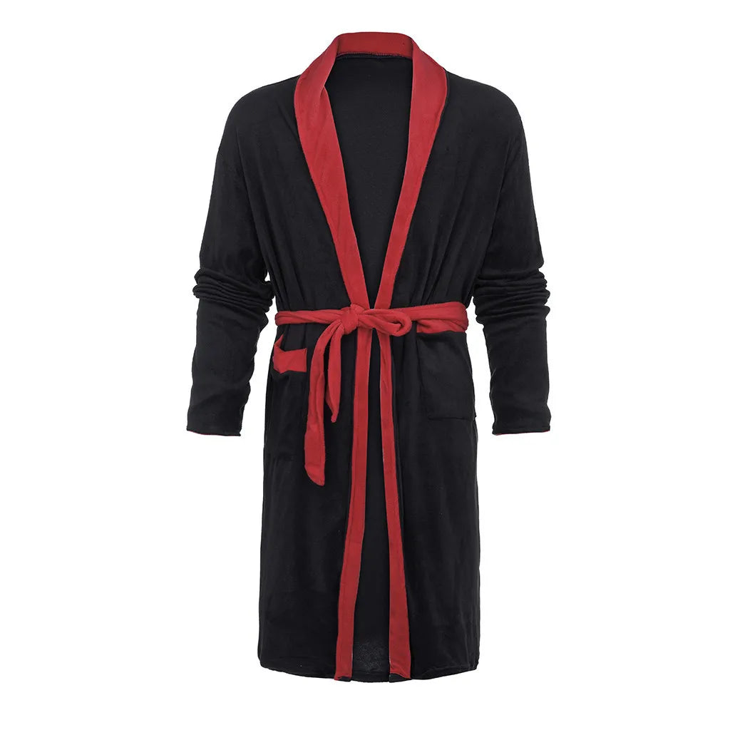 Men’s Winter Flannel Hooded Bathrobe – Warm Solid Color Nightgown with Belt & Pockets - Style Heaven