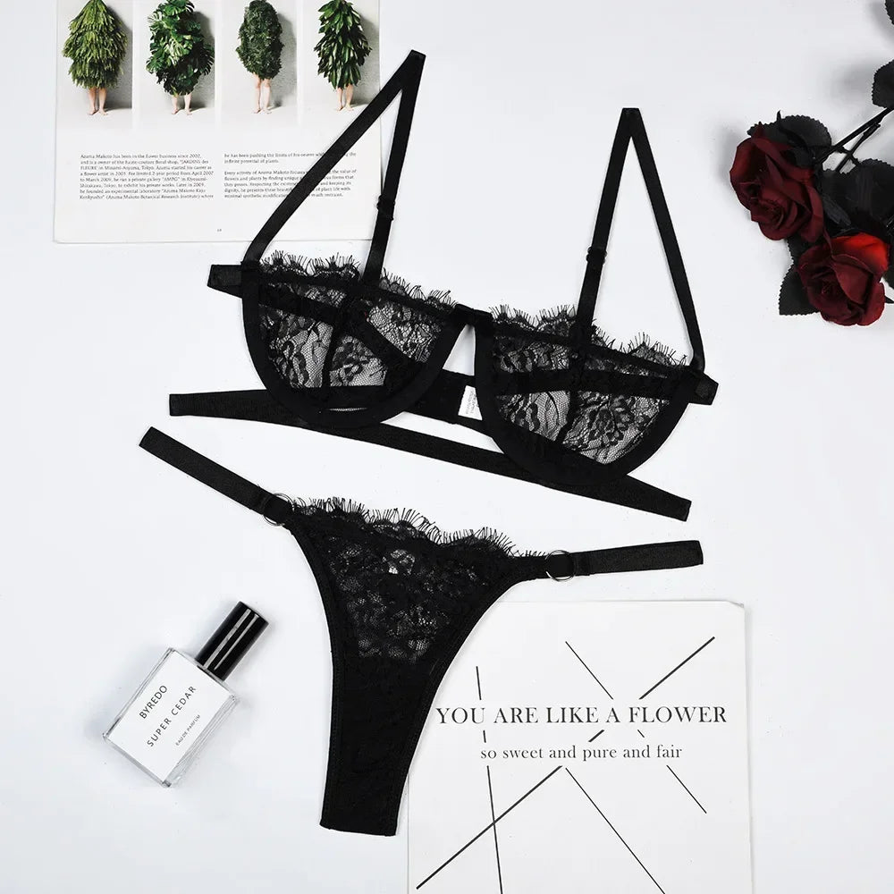 Lace Embroidered Lingerie Set – Sheer Push-Up Bra & Panty