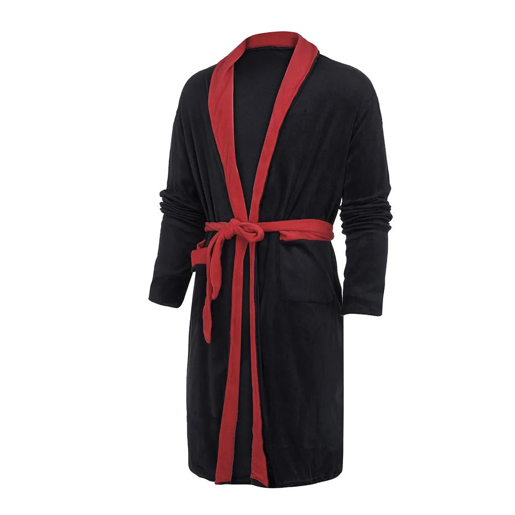 Men’s Winter Flannel Hooded Bathrobe – Warm Solid Color Nightgown with Belt & Pockets - Style Heaven