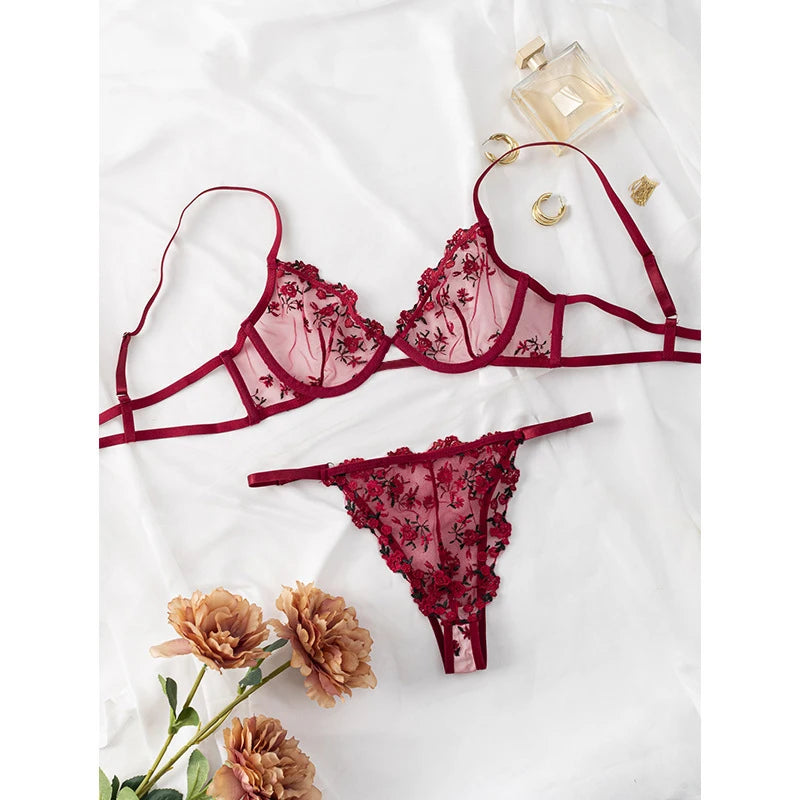 Sexy Transparent Lace Lingerie Set – Flower Embroidered V-Neck See-Through Bra & Panty Style Heaven