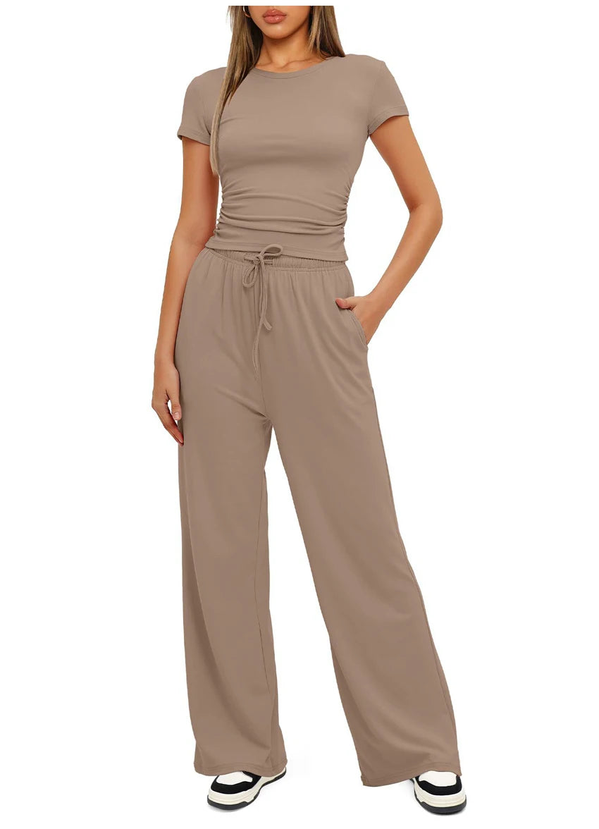 Women's Summer Casual 2-Piece Tracksuit – O-Neck T-Shirt & Wide-Leg Pants Set Style Heaven