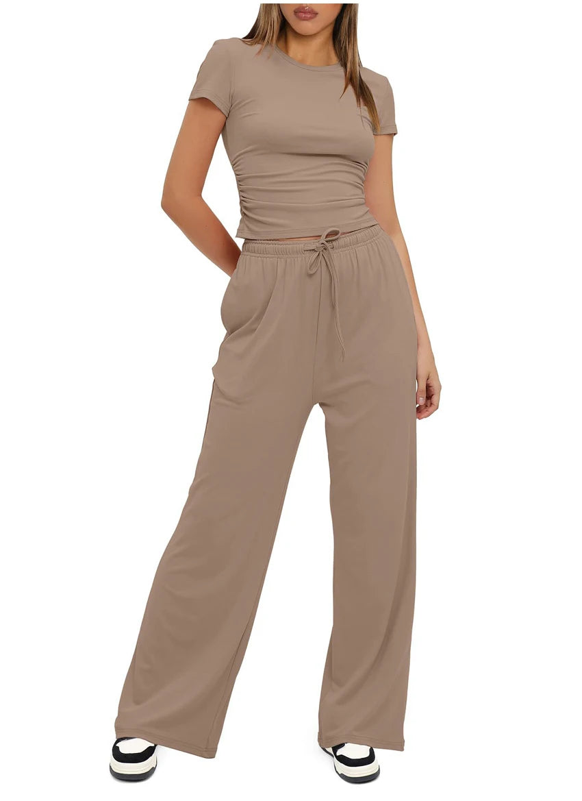 Women's Summer Casual 2-Piece Tracksuit – O-Neck T-Shirt & Wide-Leg Pants Set Style Heaven