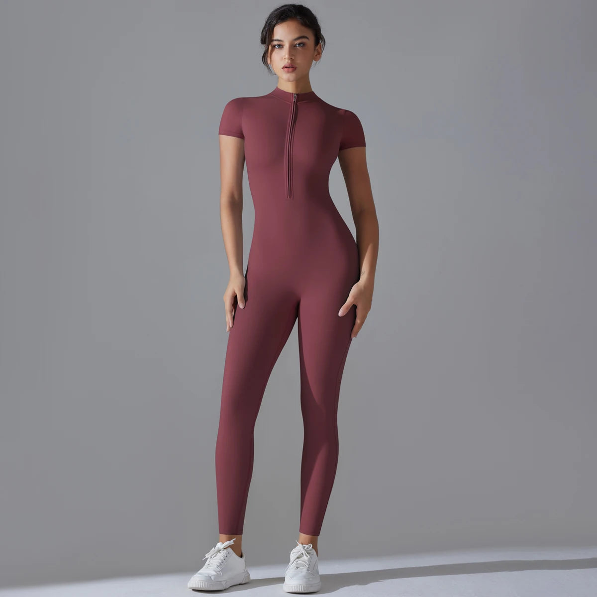 Women’s One-Piece Short Sleeve Yoga Jumpsuit with Zipper – Push-Up Gym Fitness Bodysuit Style Heaven