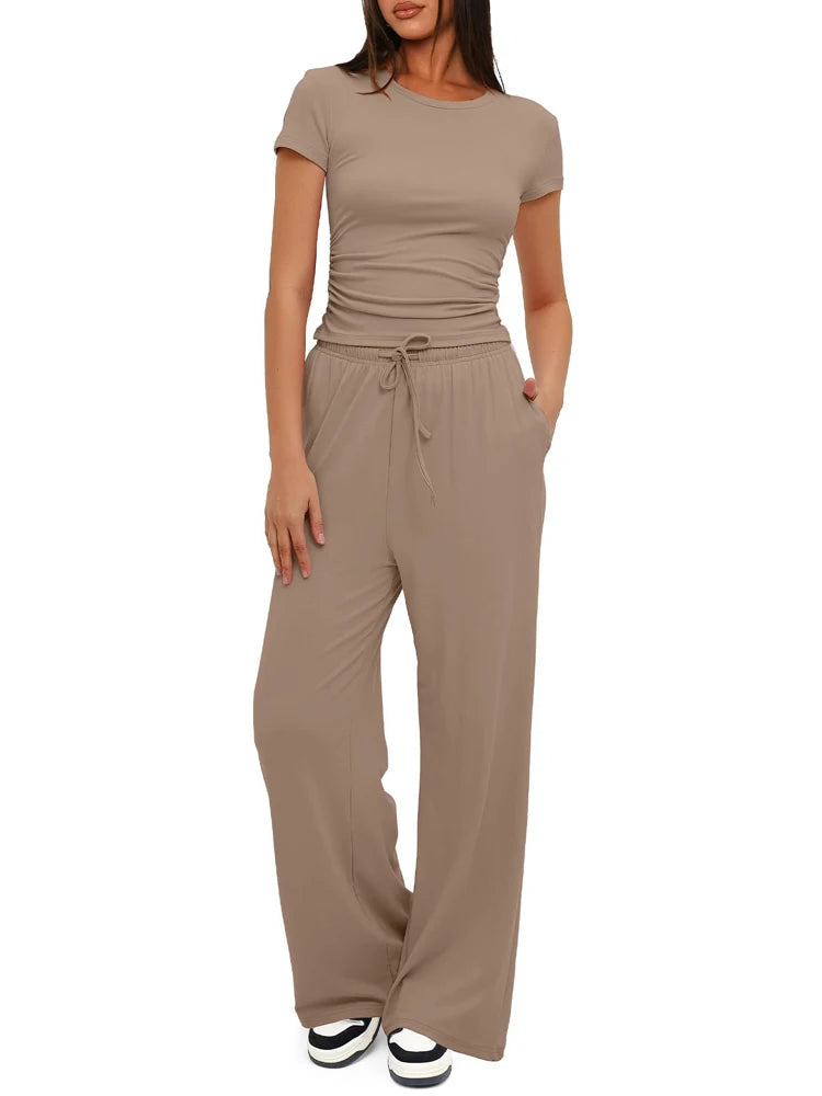 Women's Summer Casual 2-Piece Tracksuit – O-Neck T-Shirt & Wide-Leg Pants Set Style Heaven
