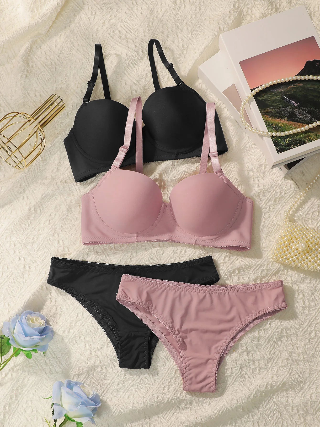 2-Set Solid Underwire Lingerie Set – Push-Up Bra & Panty Set with Steel Ring