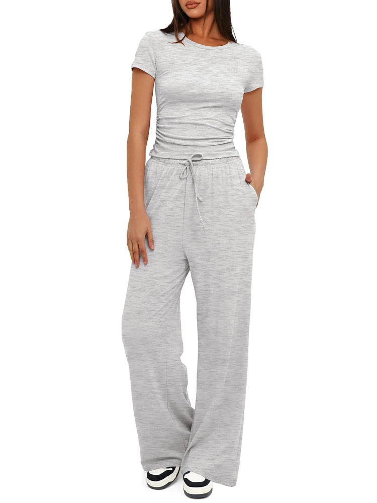Women's Summer Casual 2-Piece Tracksuit – O-Neck T-Shirt & Wide-Leg Pants Set Style Heaven