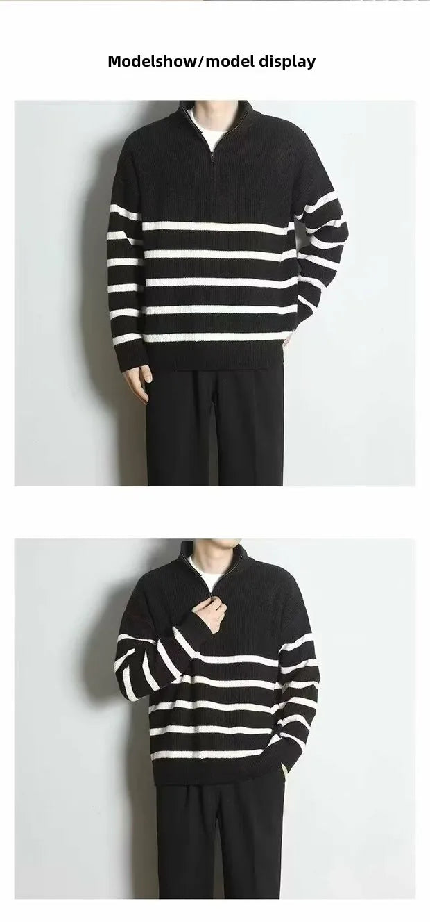 Men’s Korean-Style Striped Knitted Sweater – Mid High Collar Slim Fit Long Sleeve Casual Hoodie - Style Heaven