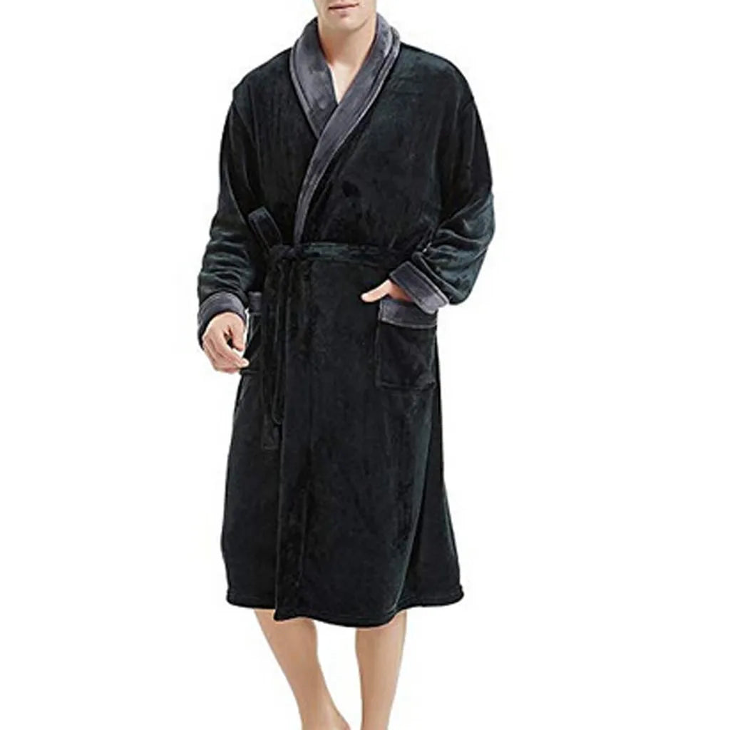 Men’s Winter Flannel Hooded Bathrobe – Warm Solid Color Nightgown with Belt & Pockets - Style Heaven