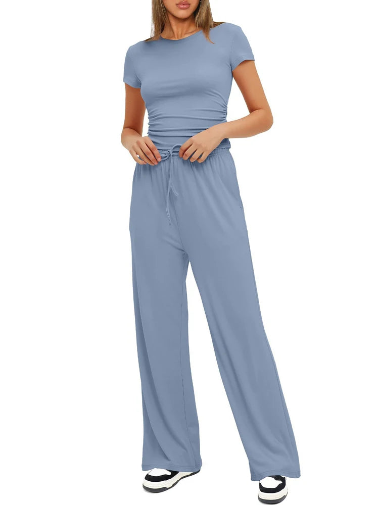 Women's Summer Casual 2-Piece Tracksuit – O-Neck T-Shirt & Wide-Leg Pants Set Style Heaven