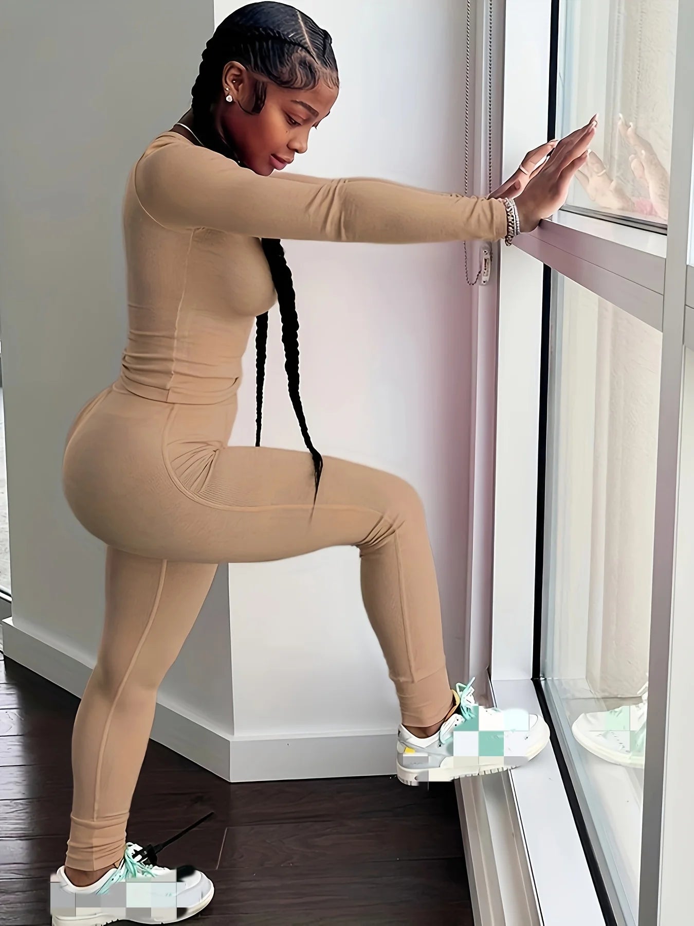 Women's 2PCS Solid Color Yoga Set – Long Sleeve Top & High-Stretch Leggings Activewear Style Heaven