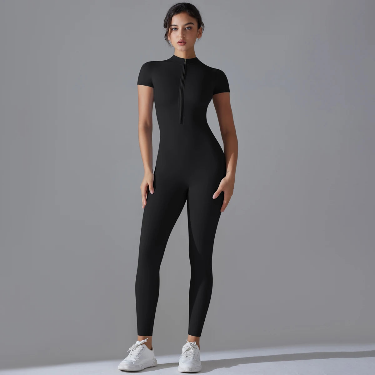 Women’s One-Piece Short Sleeve Yoga Jumpsuit with Zipper – Push-Up Gym Fitness Bodysuit Style Heaven