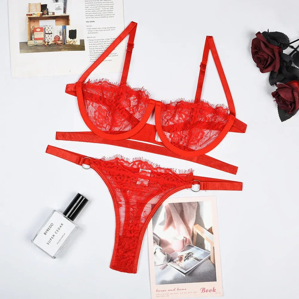 Lace Embroidered Lingerie Set – Sheer Push-Up Bra & Panty