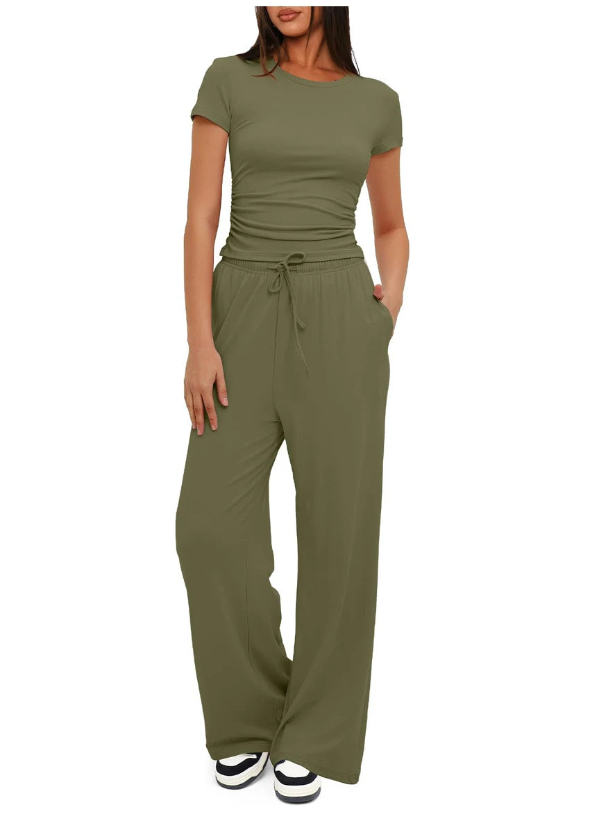 Women's Summer Casual 2-Piece Tracksuit – O-Neck T-Shirt & Wide-Leg Pants Set Style Heaven