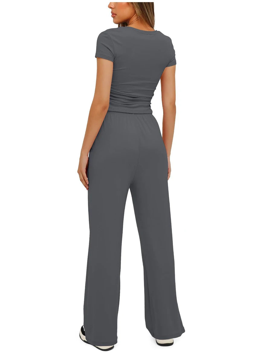 Women's Summer Casual 2-Piece Tracksuit – O-Neck T-Shirt & Wide-Leg Pants Set Style Heaven