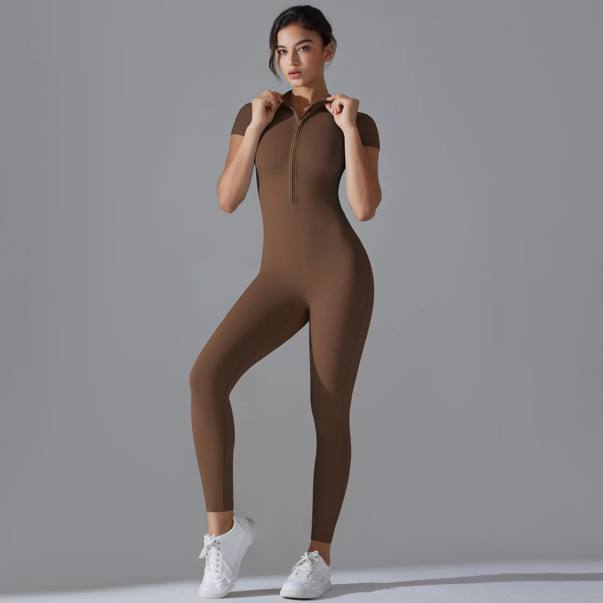 Women’s One-Piece Short Sleeve Yoga Jumpsuit with Zipper – Push-Up Gym Fitness Bodysuit Style Heaven