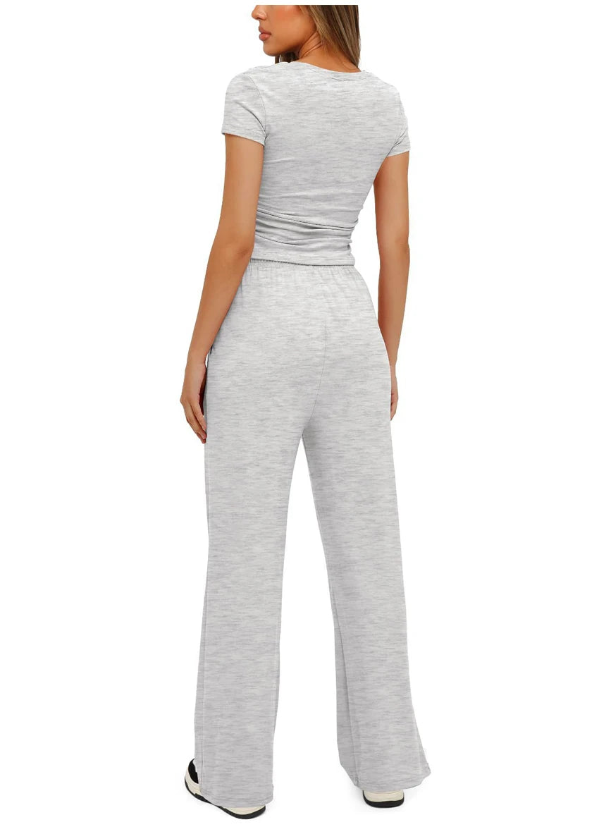 Women's Summer Casual 2-Piece Tracksuit – O-Neck T-Shirt & Wide-Leg Pants Set Style Heaven