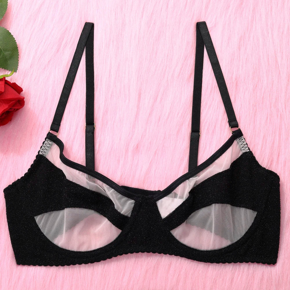 Erotic Lingerie Set – Tulle Glitter Patchwork Garter Belt & Transparent Sexy Outfit