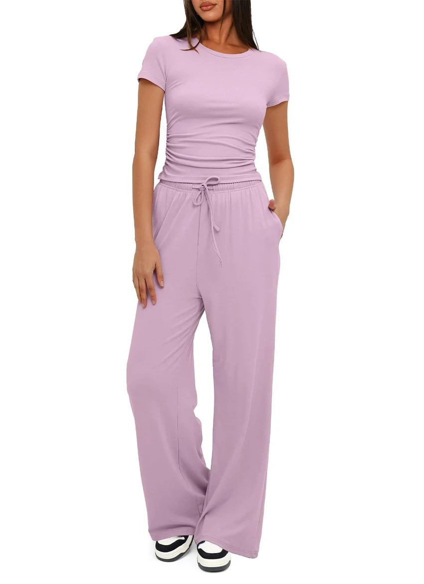 Women's Summer Casual 2-Piece Tracksuit – O-Neck T-Shirt & Wide-Leg Pants Set Style Heaven