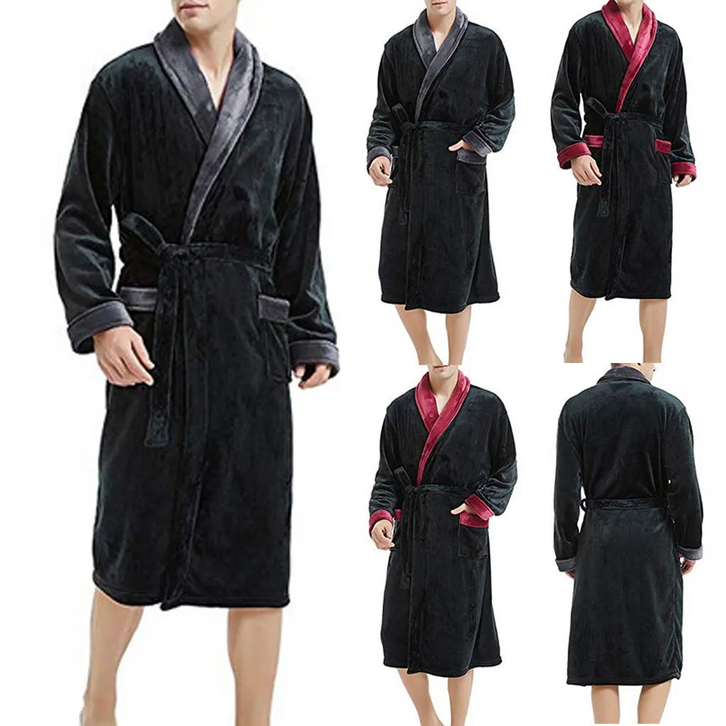 Men’s Winter Flannel Hooded Bathrobe – Warm Solid Color Nightgown with Belt & Pockets - Style Heaven