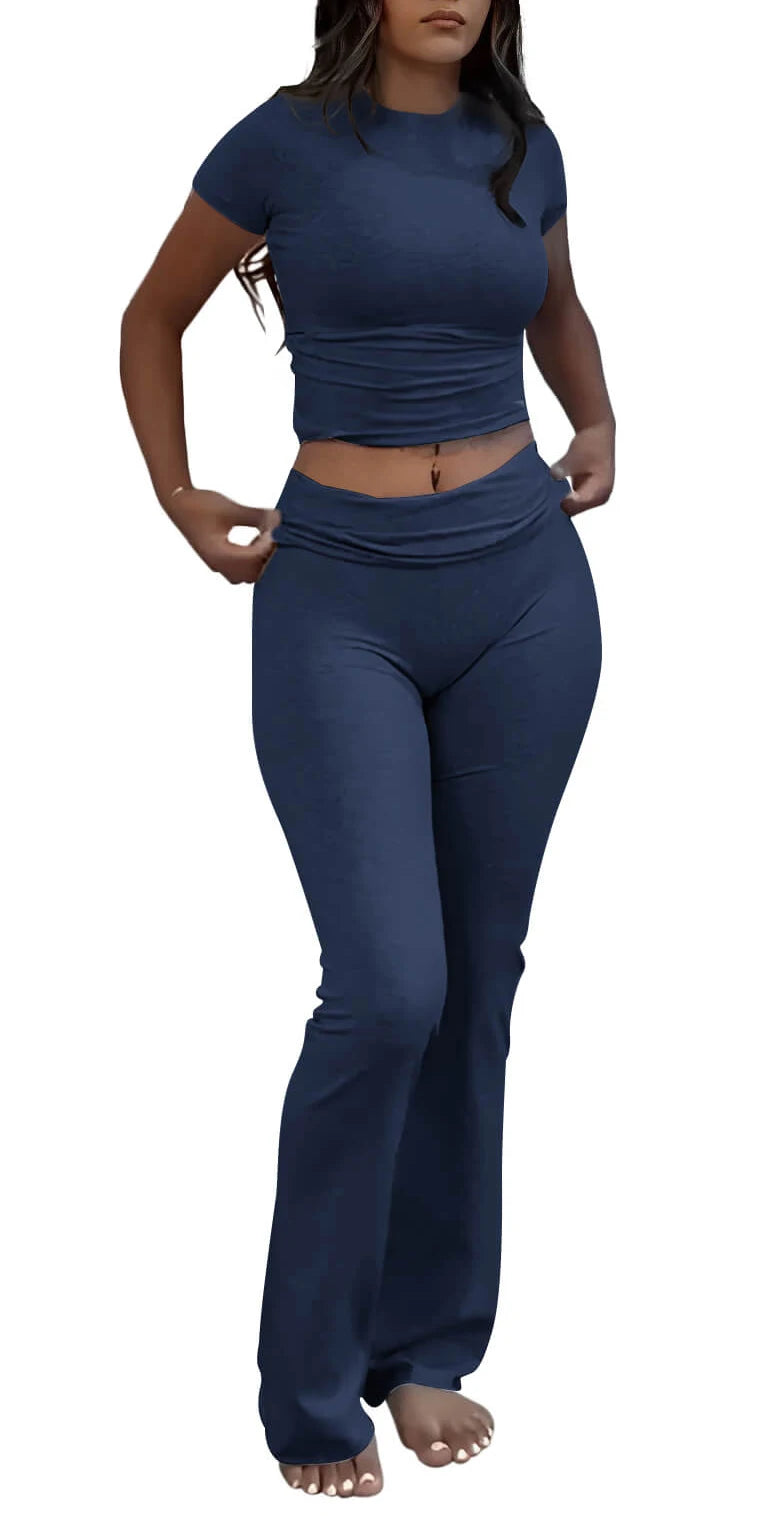 Women's 2-Piece Workout Set – Crew Neck T-Shirt & Low Rise Flare Pants Style Heaven