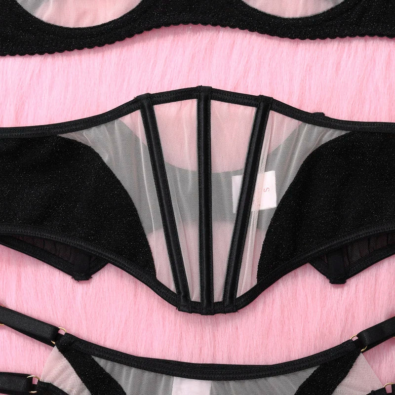 Erotic Lingerie Set – Tulle Glitter Patchwork Garter Belt & Transparent Sexy Outfit