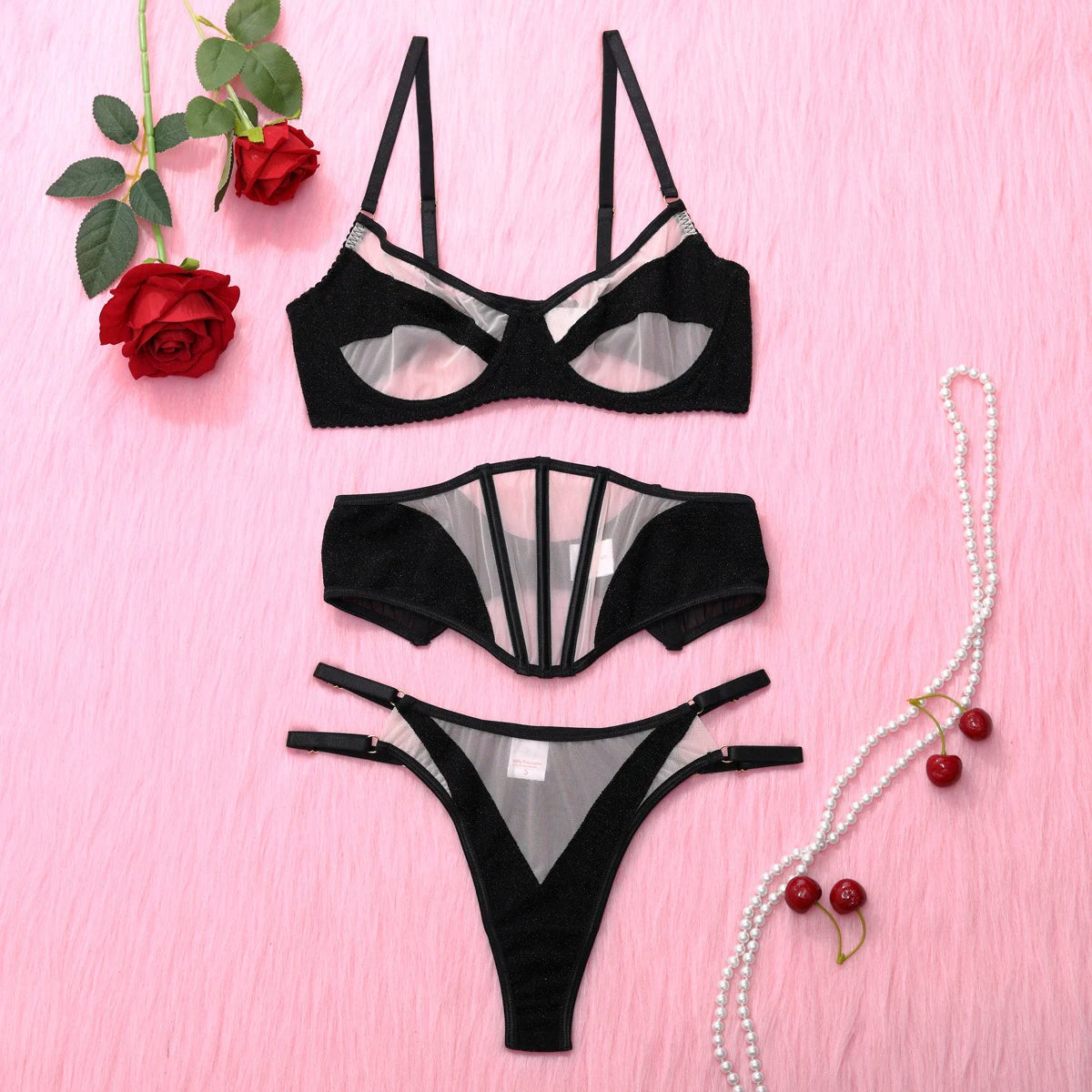 Erotic Lingerie Set – Tulle Glitter Patchwork Garter Belt & Transparent Sexy Outfit
