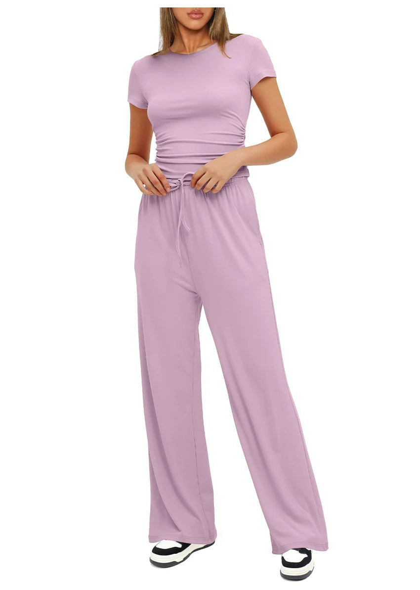 Women's Summer Casual 2-Piece Tracksuit – O-Neck T-Shirt & Wide-Leg Pants Set Style Heaven