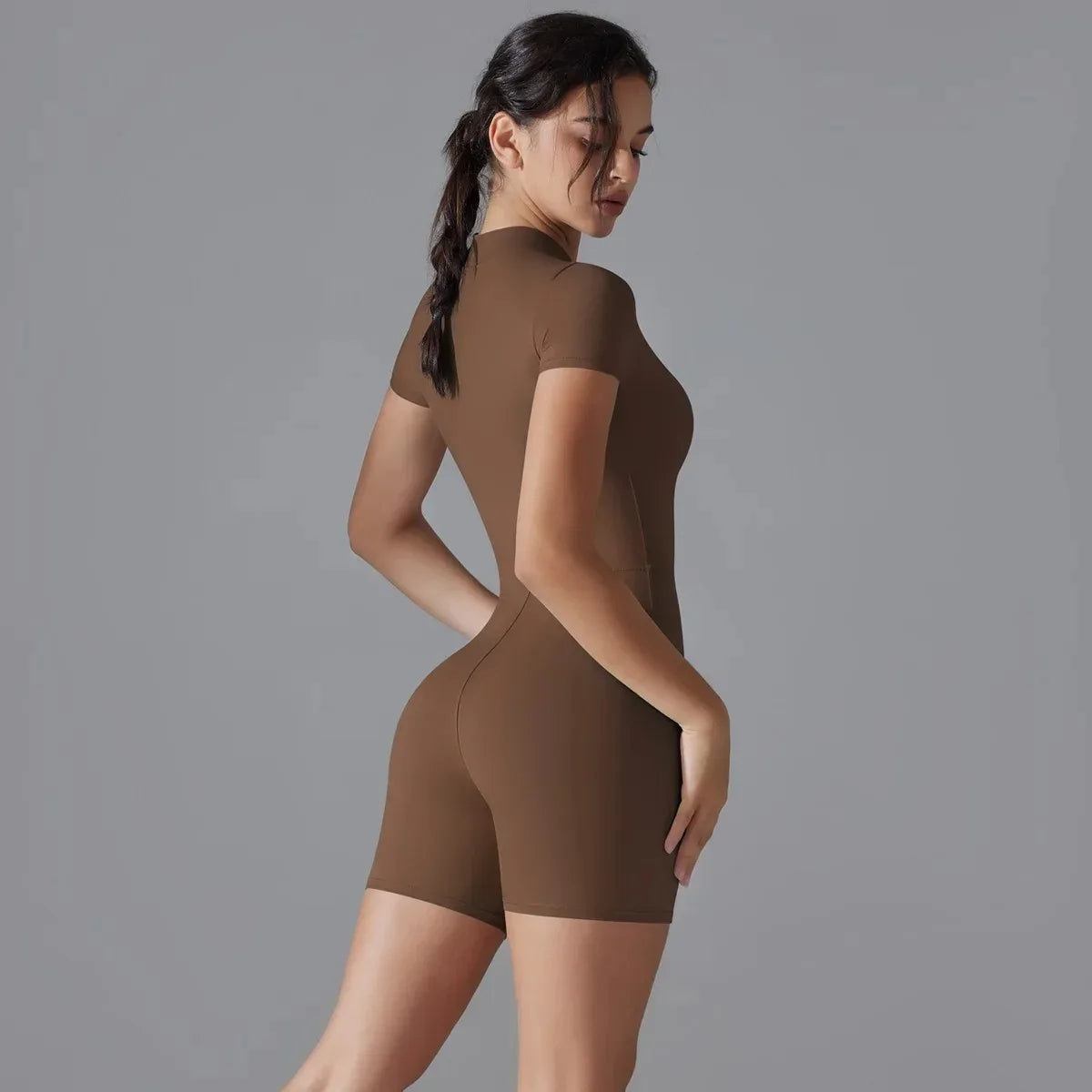 Women's One-Piece Zipper Yoga Jumpsuit – Short Sleeve Push-Up Gym Bodysuit Style Heaven
