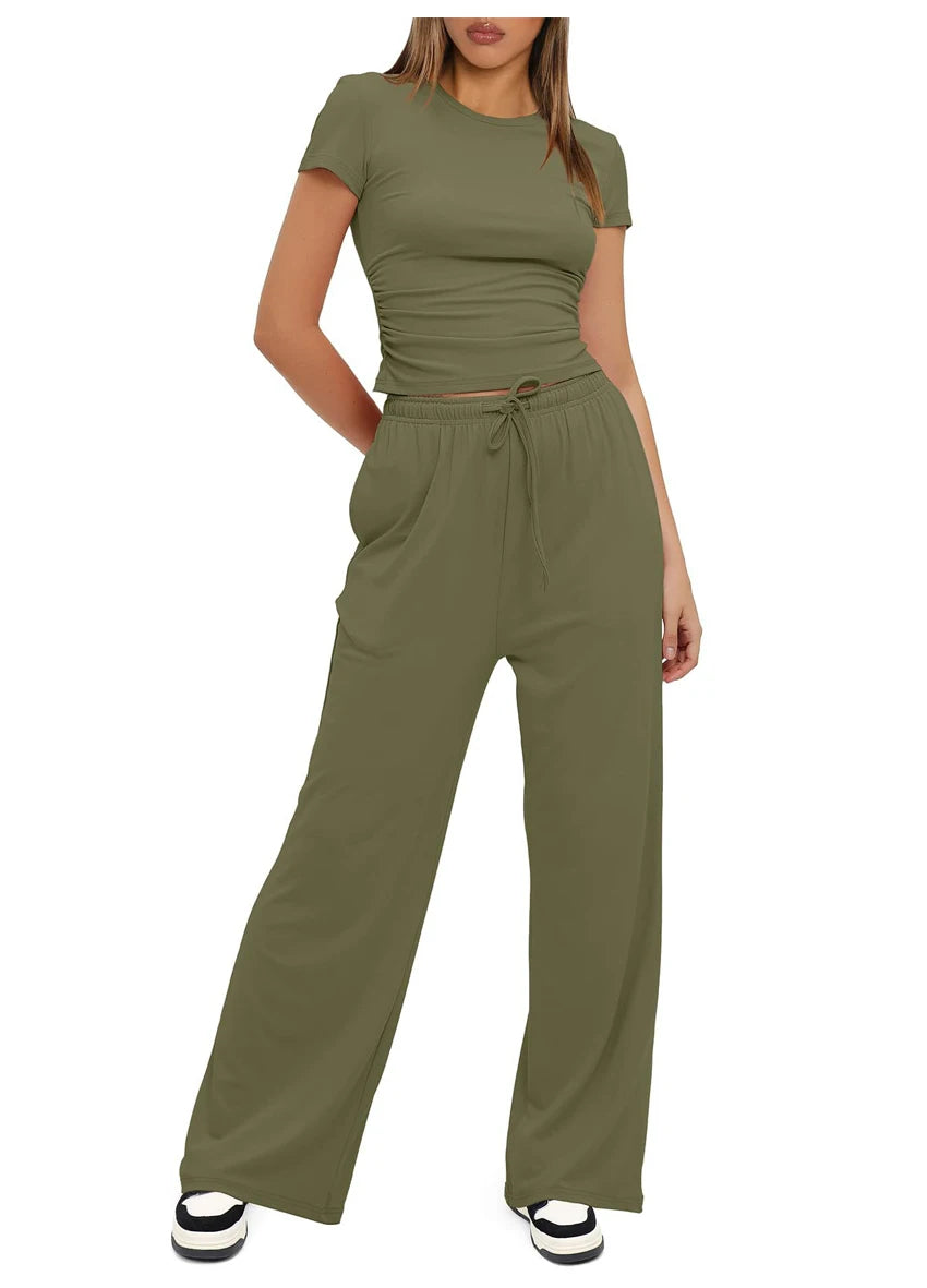 Women's Summer Casual 2-Piece Tracksuit – O-Neck T-Shirt & Wide-Leg Pants Set Style Heaven