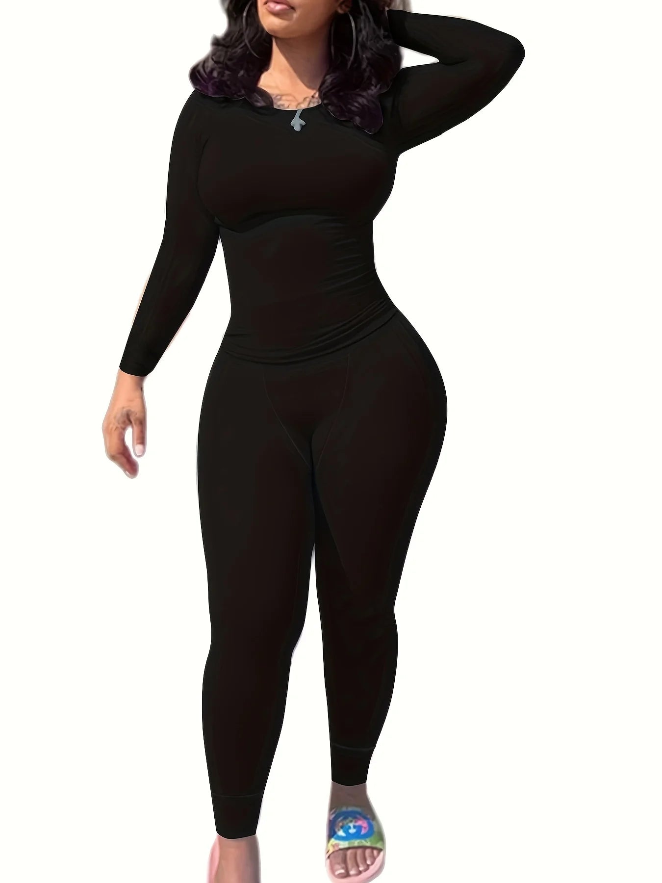 Women's 2PCS Solid Color Yoga Set – Long Sleeve Top & High-Stretch Leggings Activewear Style Heaven