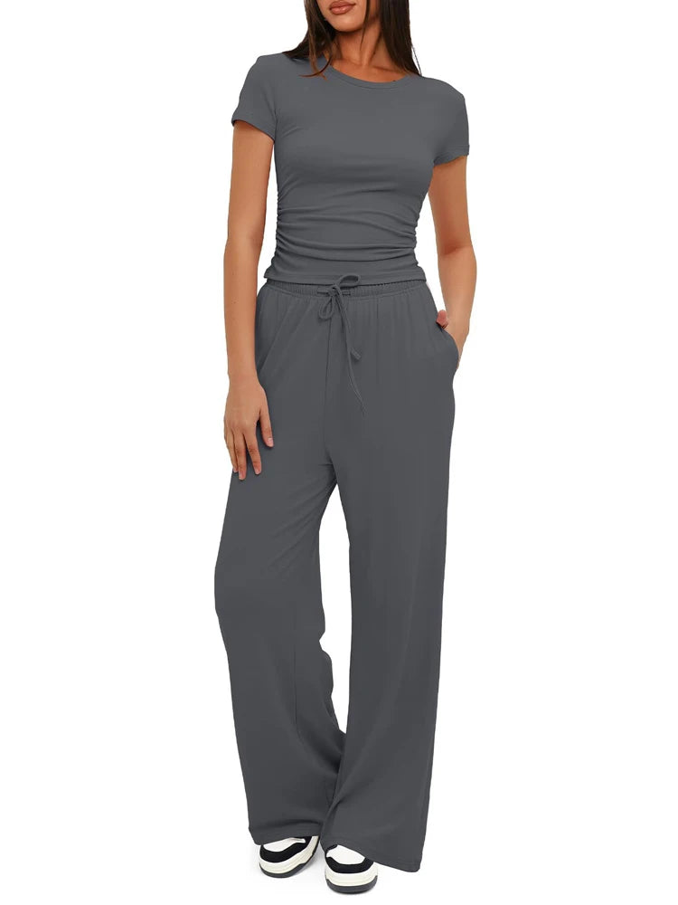 Women's Summer Casual 2-Piece Tracksuit – O-Neck T-Shirt & Wide-Leg Pants Set Style Heaven