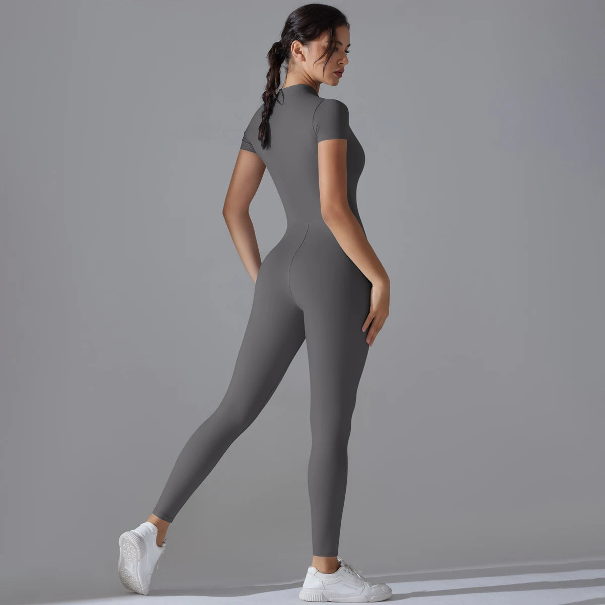 Women’s One-Piece Short Sleeve Yoga Jumpsuit with Zipper – Push-Up Gym Fitness Bodysuit Style Heaven
