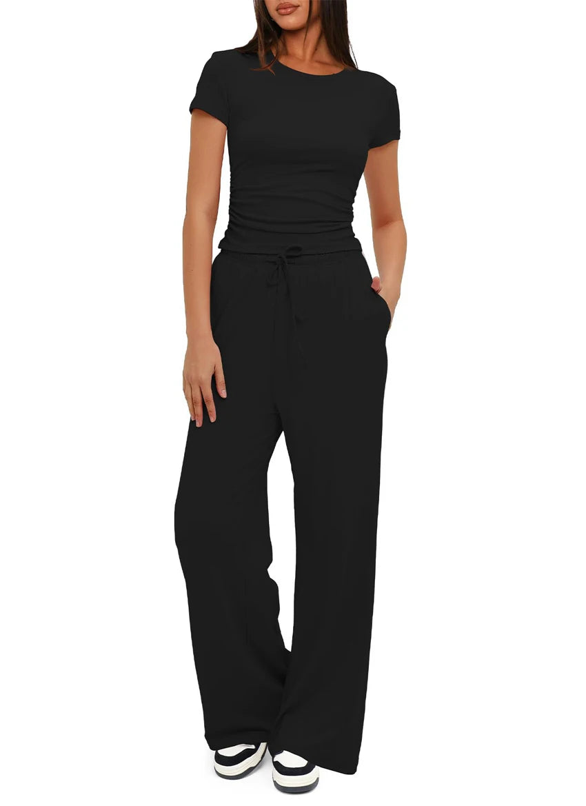 Women's Summer Casual 2-Piece Tracksuit – O-Neck T-Shirt & Wide-Leg Pants Set Style Heaven