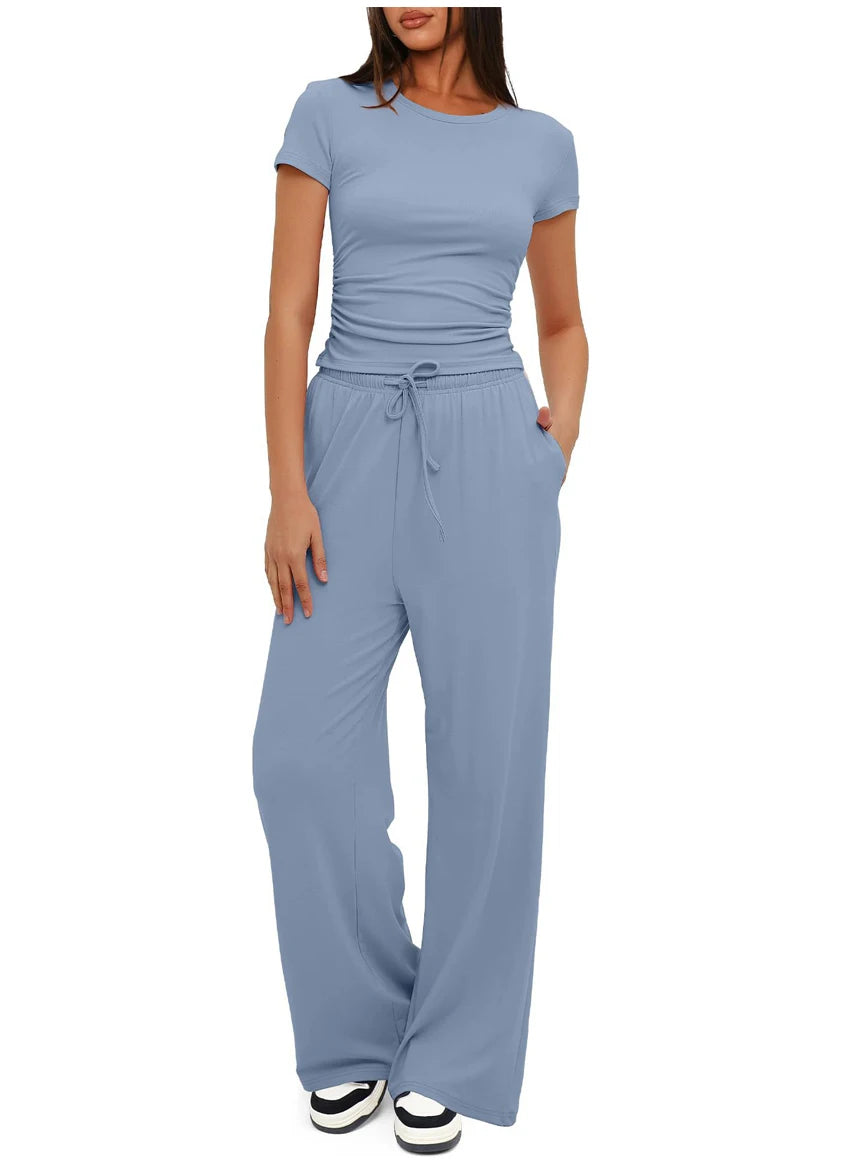 Women's Summer Casual 2-Piece Tracksuit – O-Neck T-Shirt & Wide-Leg Pants Set Style Heaven