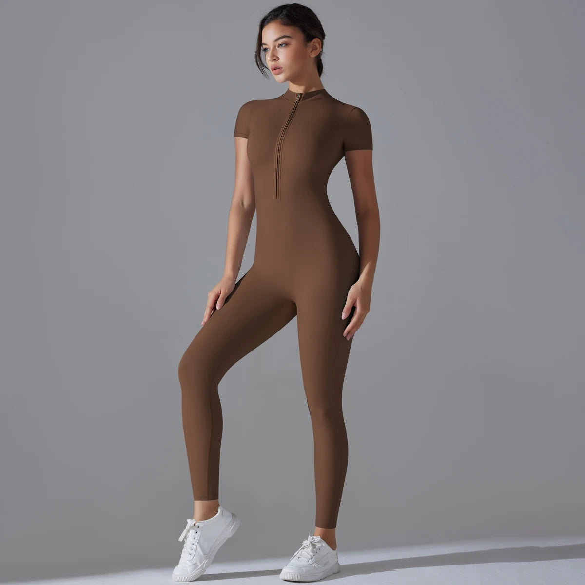 Women’s One-Piece Short Sleeve Yoga Jumpsuit with Zipper – Push-Up Gym Fitness Bodysuit Style Heaven