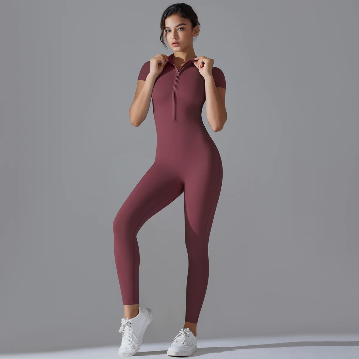 Women’s One-Piece Short Sleeve Yoga Jumpsuit with Zipper – Push-Up Gym Fitness Bodysuit Style Heaven