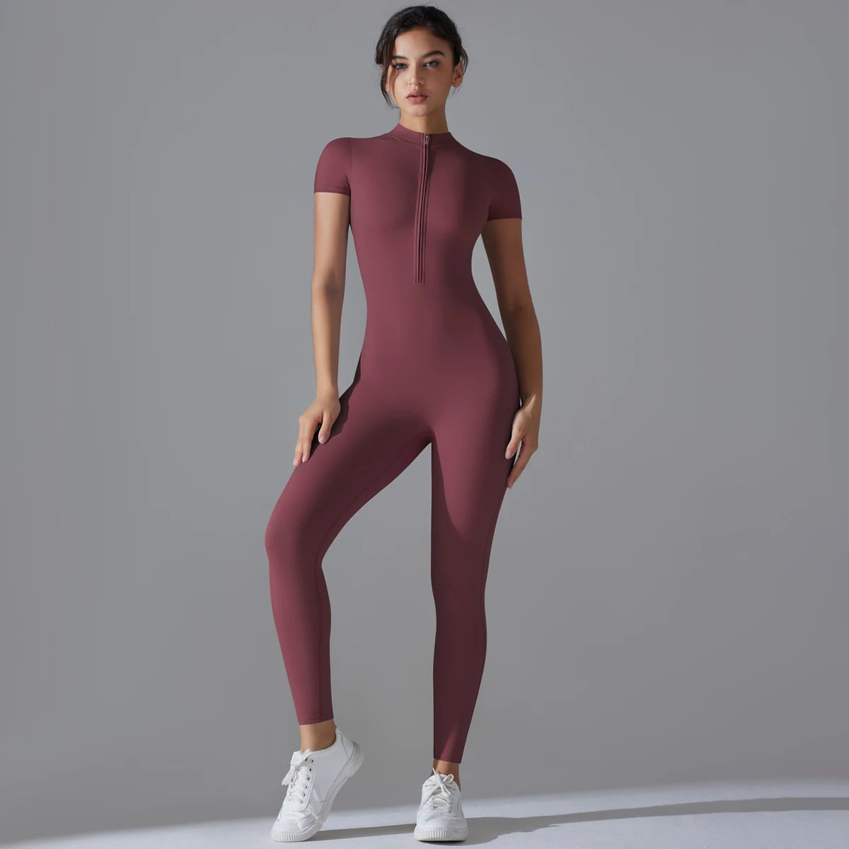 Women’s One-Piece Short Sleeve Yoga Jumpsuit with Zipper – Push-Up Gym Fitness Bodysuit Style Heaven