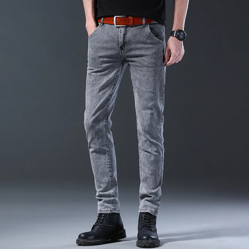 New Style Men’s Slim Fit Jeans – Korean Style Elastic Gray Mid-Waist Denim Pants Style Heaven