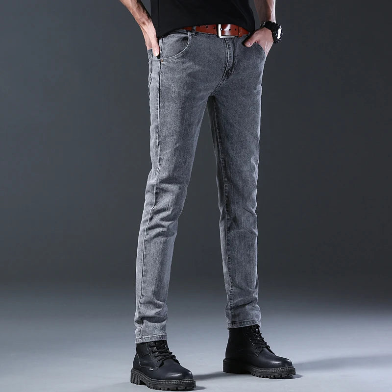 New Style Men’s Slim Fit Jeans – Korean Style Elastic Gray Mid-Waist Denim Pants Style Heaven