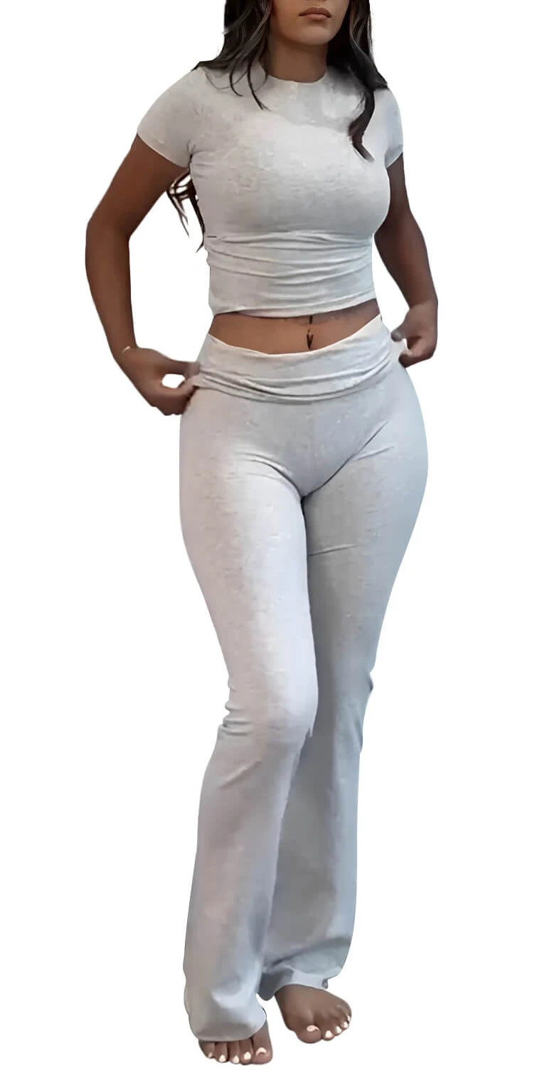 Women's 2-Piece Workout Set – Crew Neck T-Shirt & Low Rise Flare Pants Style Heaven